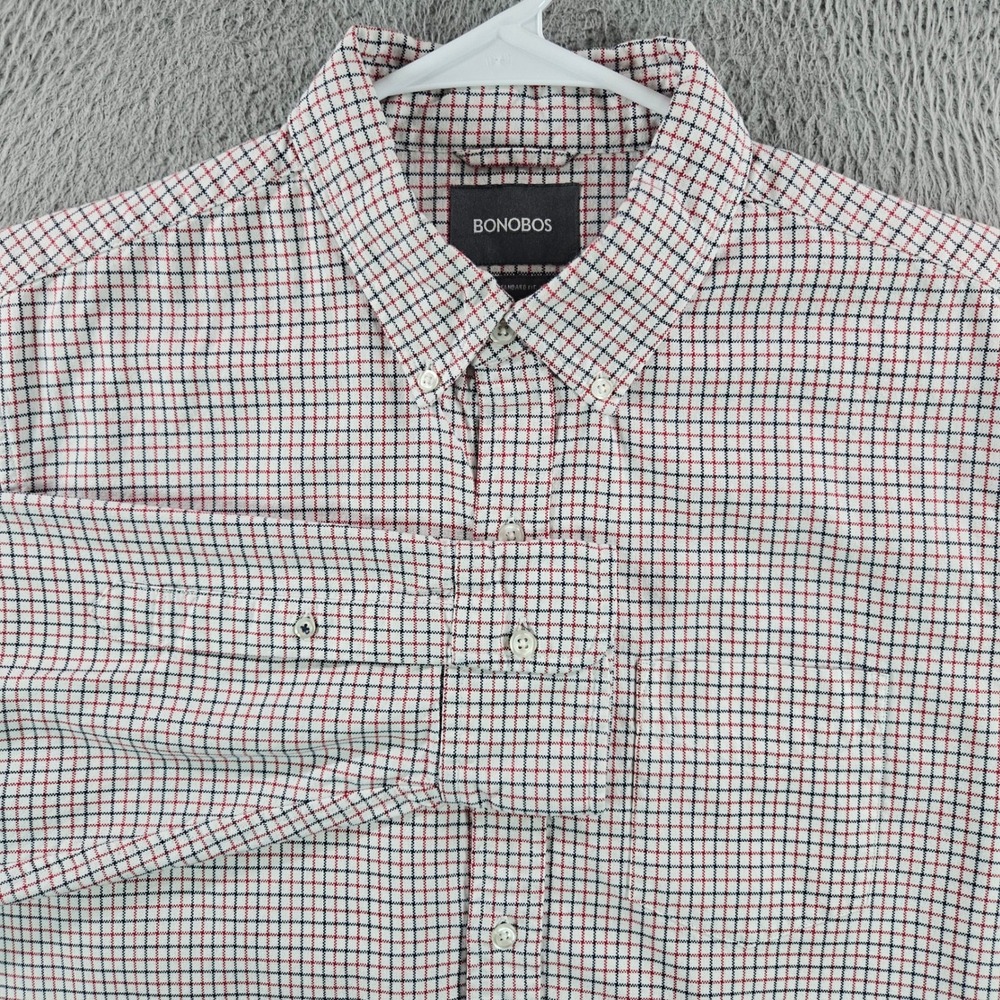 Bonobos Mens Standard Fit Cotton Button Down Shirt‎ Large Plaid Check White Red